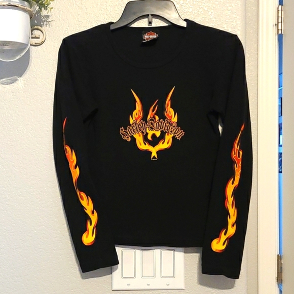 Harley Davidson Tshirt Flames Black Womens Long Sleeve Top Medium